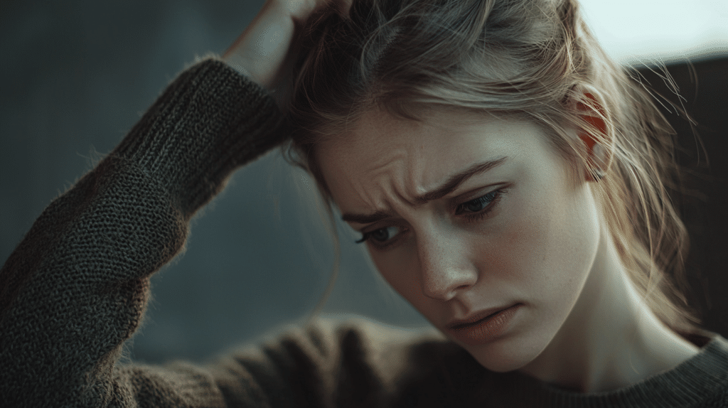 photo d'une femme la main sur la tête l'air triste