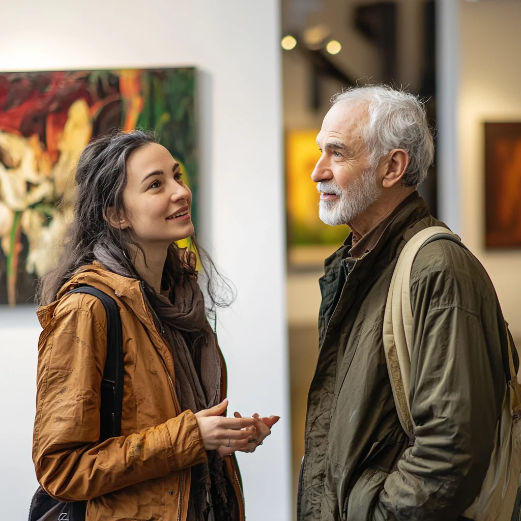 photo d'une artiste discutant avec un client