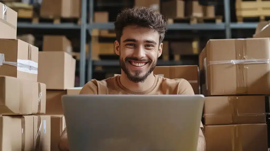 un jeune souriant et content de vendre régulierement